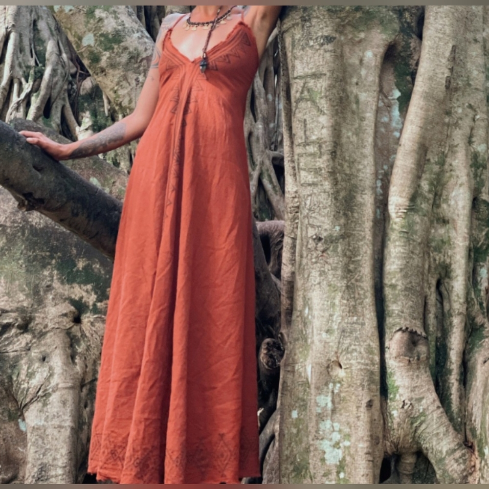 Natural Dye Linen Beach Cotton Summer Dress- Organic Natural Clothing Loose Line